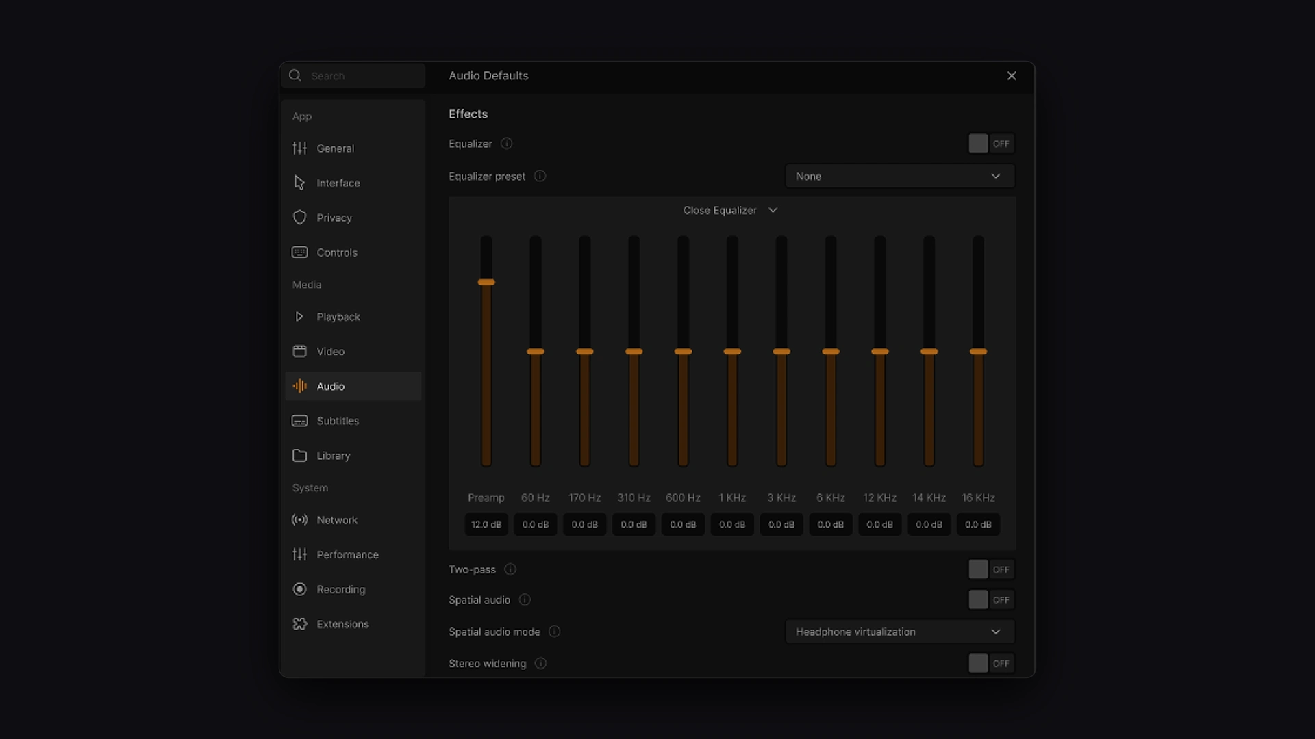 VLC Reimagined Audio Defaults and 10-band Equalizer panel