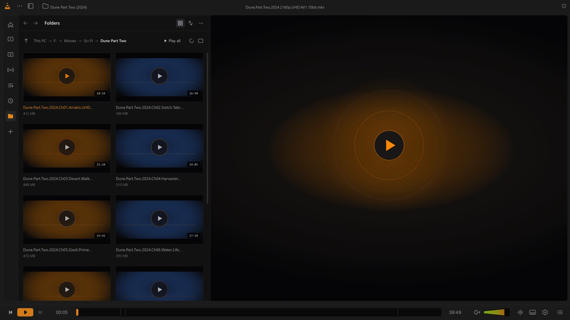 VLC Reimagined Media Library and Folders drawer open alongside video playback