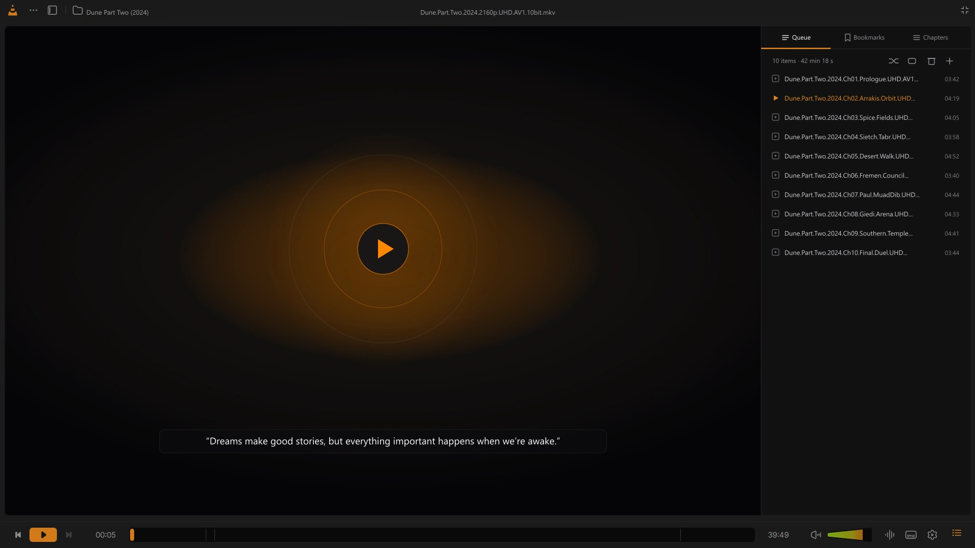 VLC Reimagined right-hand Queue, Bookmarks, and Chapters drawer