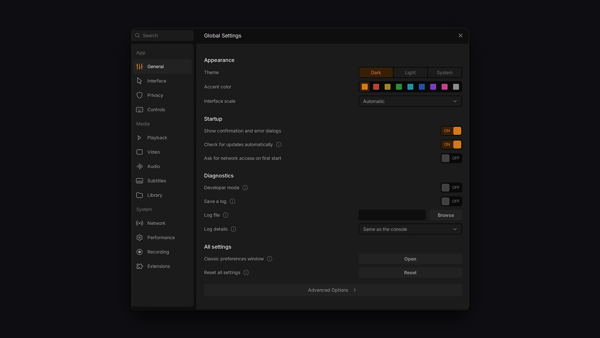VLC Reimagined Global Settings window showing Appearance, Startup, Diagnostics, and All settings